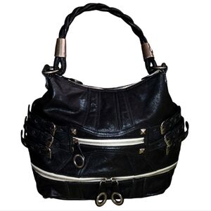 Rare Y2K XL Y2K Betsey Johnson Black Leather Studded "Strap Tease" Shoul…